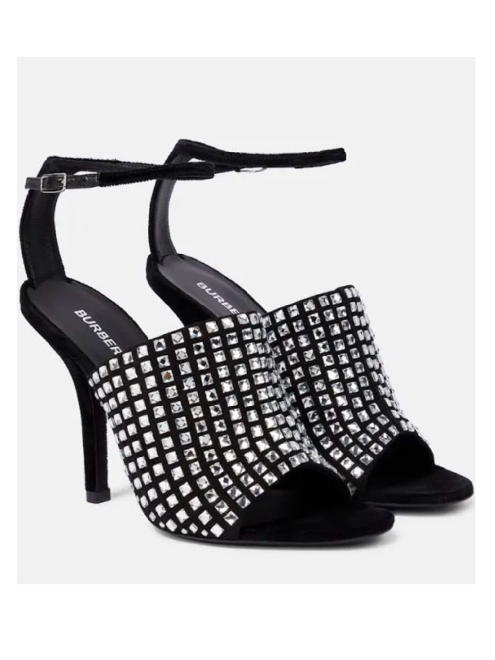 Burberry Black Sandals Velvet Rhinestone Heels Ankle Strap 9 Formal Evening 🟡